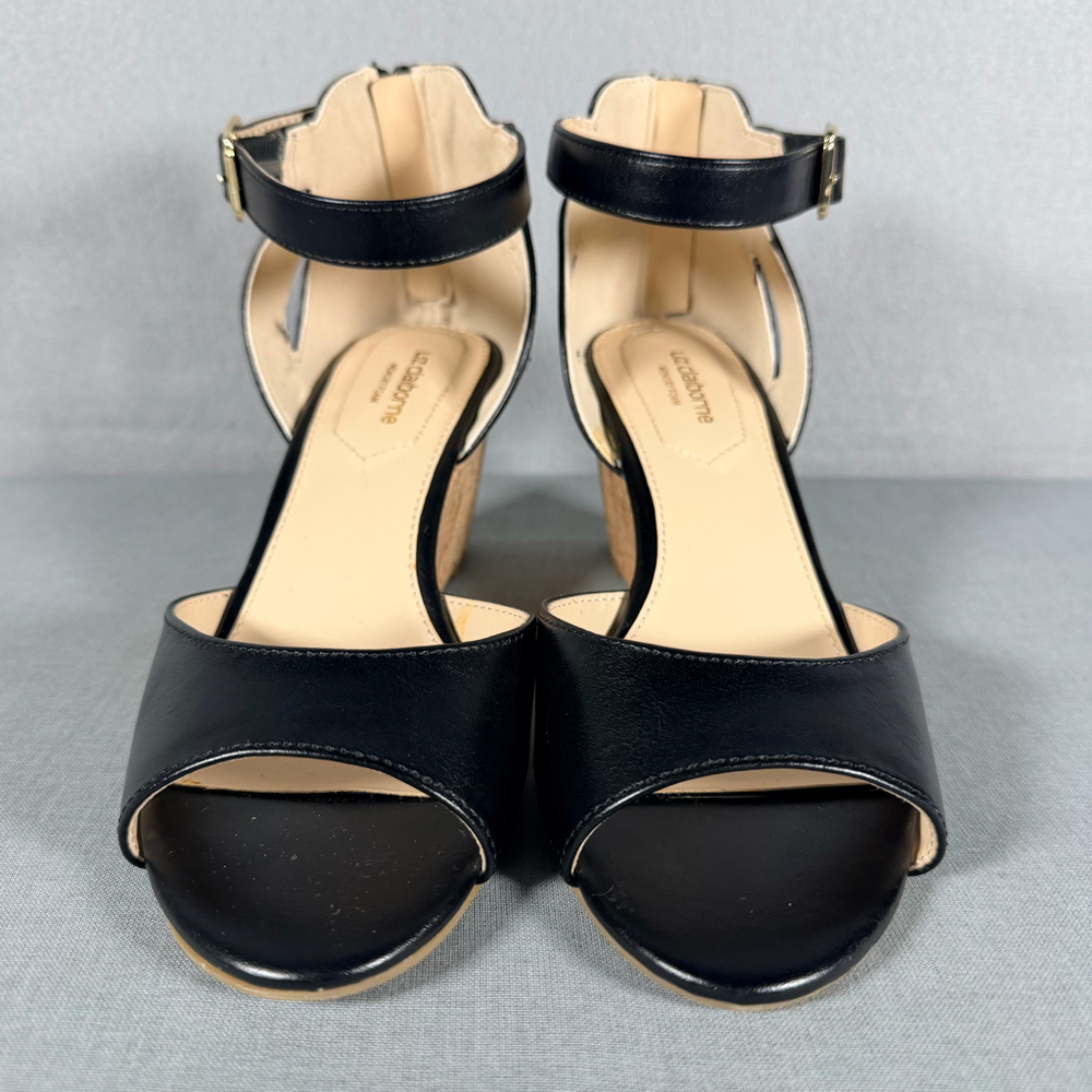 Liz Claiborne Black Leather Cork Wedge Sandals Ankle Strap Sz 6W
